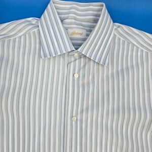 Brioni Italy Men's Striped Cotton Dress Shirt 16 41 Light Blue Tan Spread Collar